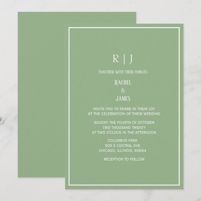 Sage Green Monogram Initials Elegant Wedding Inbjudningar (Fram/baksida)