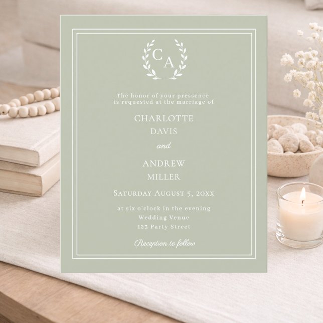 Sage green monogram wreath wedding invitation (Skapare uppladdad)