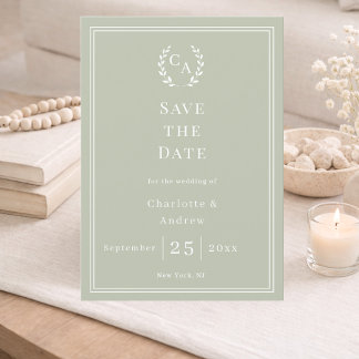 Sage green monogram wreath wedding spara datumet