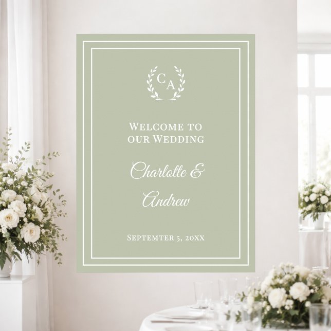 Sage green monogrammed elegant wedding welcome poster (Skapare uppladdad)