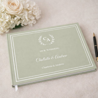 Sage green monogrammed wreath wedding gästböcker