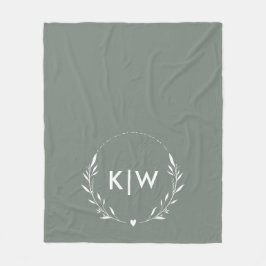 Sage Green och Vit | Moderna Initialer Monogram Fleecefilt