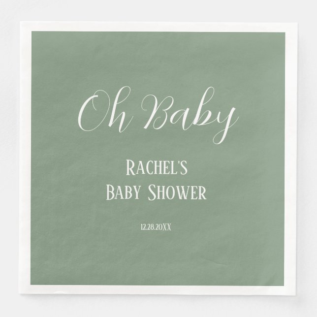 Sage Green Oh Baby Script Söt Modern Baby Shower Pappersservett (Framsida)