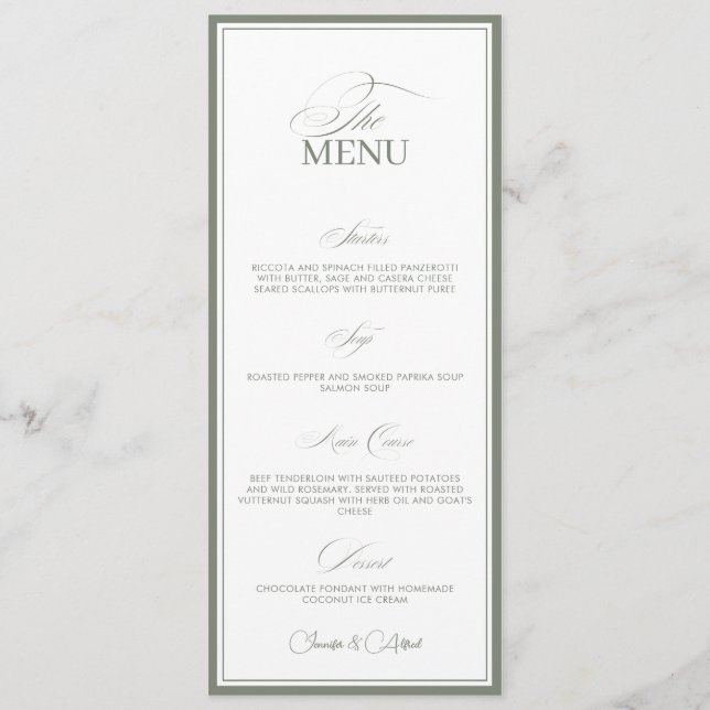Sage Green Old Money Wedding Red Dinner Menu Card Meny (Framsida)