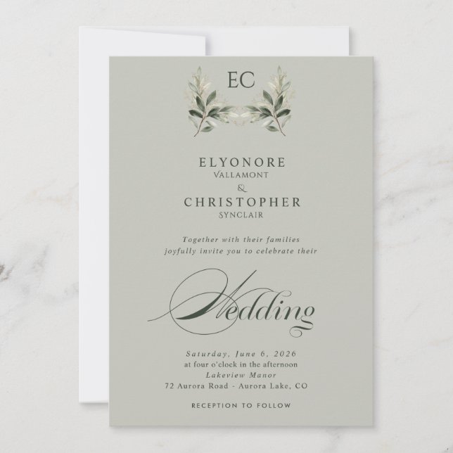 Sage Green Olive Branch Monogram Photo Wedding Inbjudningar (Framsida)