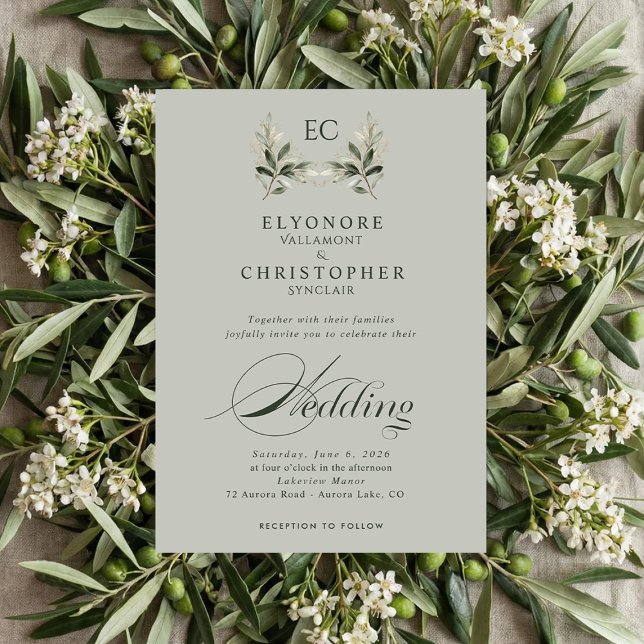 Sage Green Olive Branch Monogram Photo Wedding Inbjudningar (Skapare uppladdad)