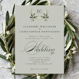 Sage Green Olive Branch Monogram Photo Wedding Inbjudningar