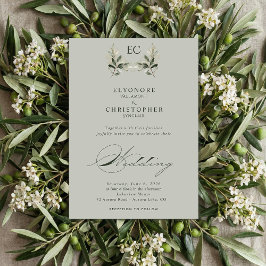 Sage Green Olive Branch Monogram Photo Wedding Inbjudningar