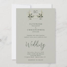 Sage Green Olive Branch Monogram Photo Wedding Inbjudningar