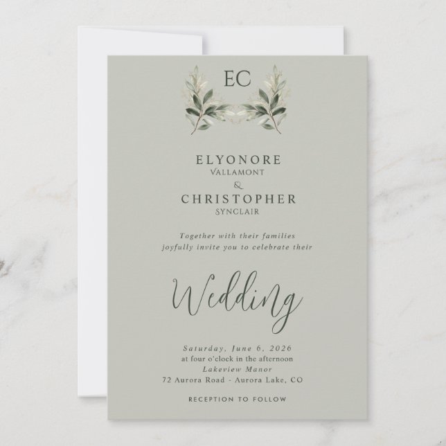 Sage Green Olive Branch Monogram Photo Wedding Inbjudningar (Framsida)