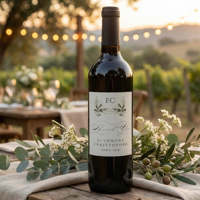 Sage Green Olive Branch Monogram Thank You Card Vinflaska Etikett (Skapare uppladdad)