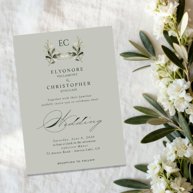 Sage Green Olive Branch Monogram Wedding Inbjudningar (Skapare uppladdad)