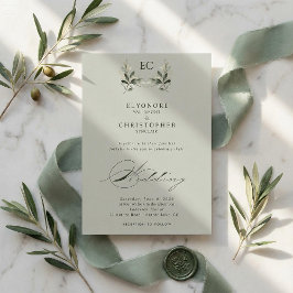Sage Green Olive Branch Monogram Wedding Inbjudningar