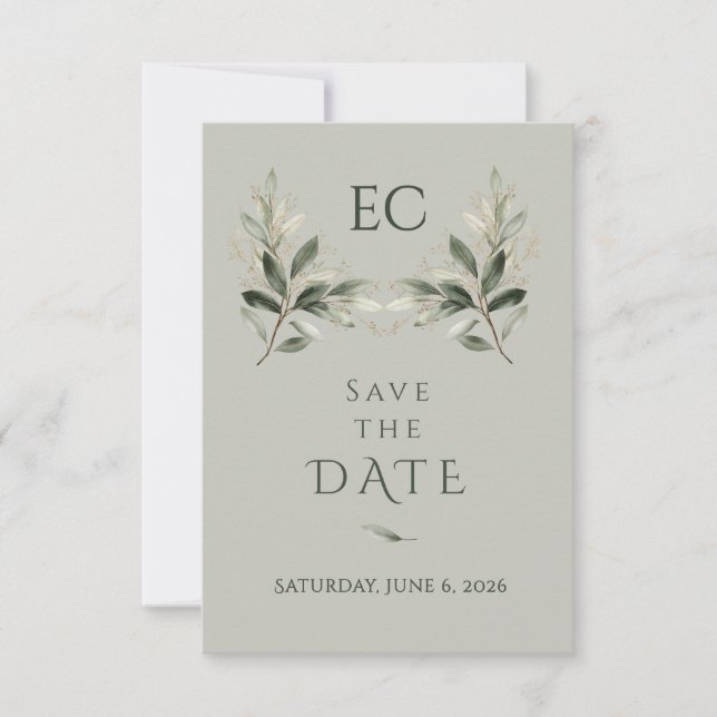 Sage Green Olive Branch Monogram Wedding Spara Datumet (Framsida)