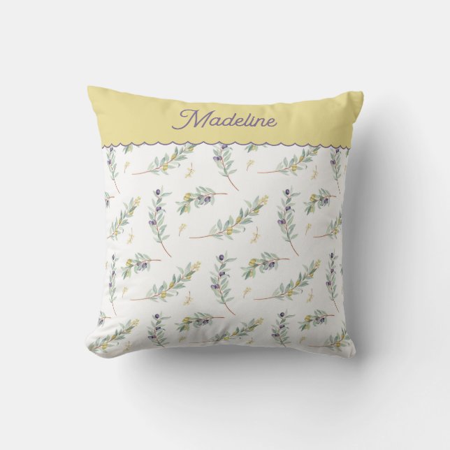 Sage Green Olive Branch Pattern Monogram Name Kudde (Framsida)