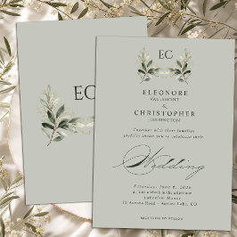 Sage Green Olivkvist Monogram Bröllop Inbjudningar
