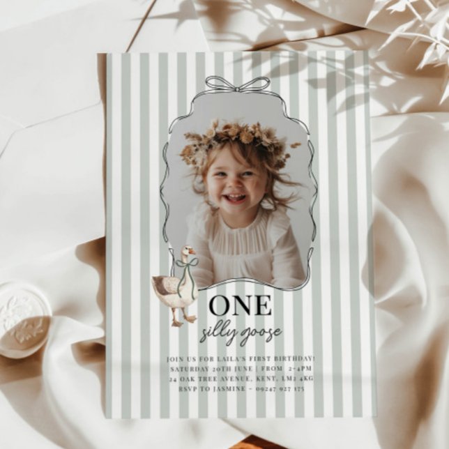 Sage Green One Silly Goose 1st Birthday Invitation Inbjudningar (Zazzle Sage Green One Silly Goose 1st Birthday Invitation 8)