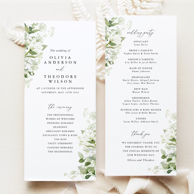 Sage Green Organic Greenery Wedding Ceremony Program (Sage green organic greenery wedding program, ceremony order & wedding party list, elegant botanical)
