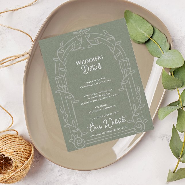 Sage Green Ornate Arch Botanical Wedding Details Tilläggskort (Sage Green Ornate Arch Botanical Wedding Details Card | Elegant Wedding Information Enclosure)