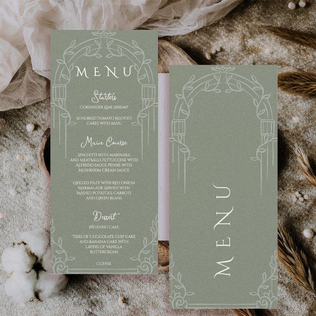 Sage Green Ornate Arch Botanical Wedding Dinner  Meny (Sage Green Ornate Arch Botanical Wedding Menu Card)