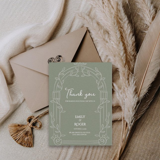 Sage Green Ornate Arch Botanical Wedding Thank You Vykort (Sage Green Ornate Arch Botanical Wedding Thank You Card | Elegant Wedding Thank You Note)