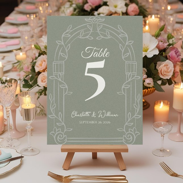 Sage Green Ornate Arch Wedding Table Number Tack Kort (Elegant Sage Green Ornate Arch Botanical Wedding Table Number Card)