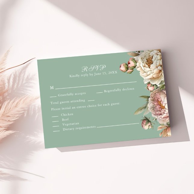 Sage Green Påsklilja Trädgård Bröllop RSVP-kort OSA Kort (Pastel Sage Green and Blush Pink Peonies RSVP Card on a sunny table with neutral botanicals)