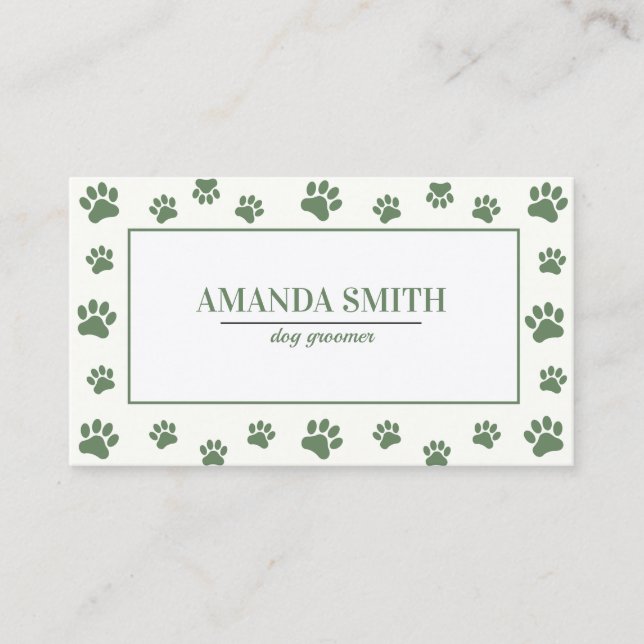 Sage Green Paw Prints Dog Groomer Business Card Visitkort (Framsida)