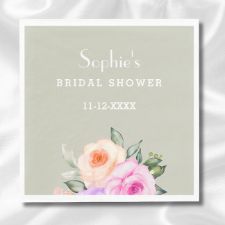 Sage Green Peach Pink Roses Floral Bridal Shower Pappersservett