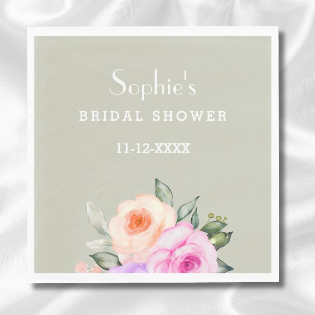 Sage Green Peach Pink Roses Floral Bridal Shower Pappersservett (Skapare uppladdad)