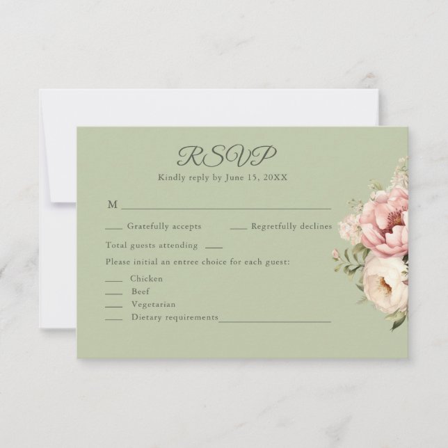 Sage Green Peony Floral RSVP Card OSA Kort (Framsida)
