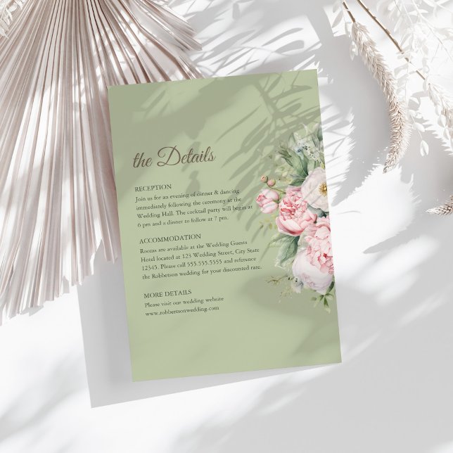 Sage Green Peony Floral Wedding Details Card Inbjudningar (Sage Green Peony Floral Wedding Details Card on a sunny table with dry white botanicals)