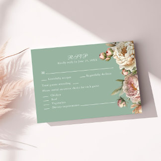 Sage Green Peony Garden Wedding RSVP Card OSA Kort