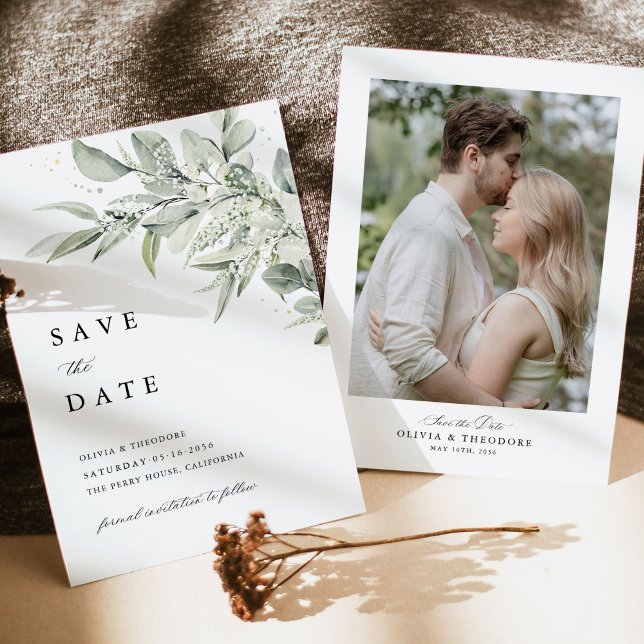 Sage Green Photo Botanical Wedding Spara Datumet (Sage green botanical photo save the date card, modern classic wedding stationery, minimal elegant)