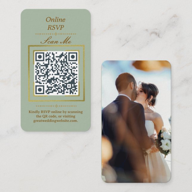 Sage Green | Photo Online RSVP QR Code Wedding  Tilläggskort (Fram/baksida)