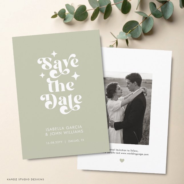Sage Green Photo Wedding Save The Date Meddelande (The front and back of the invitation shown in a 5x7-inch size. Choose size, paper, and corner style.)
