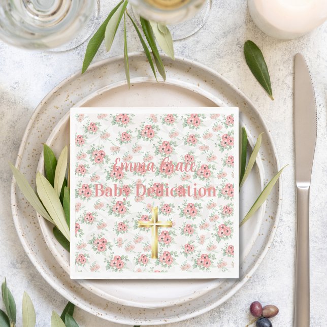 Sage Green & Pink Floral Custom Name w/ Gold Cross Pappersservett (Skapare uppladdad)