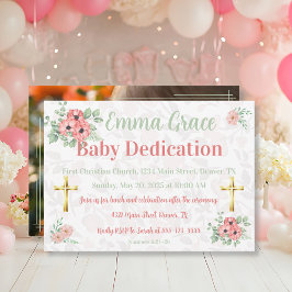 Sage Green & Pink Floral Photo Baby Dedication Inbjudningar