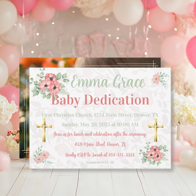 Sage Green & Pink Floral Photo Baby Dedication  Inbjudningar (Skapare uppladdad)