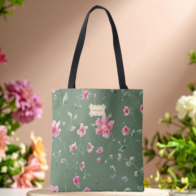 Sage Green pink Flowers pattern Trendy Classic Tygkasse (Skapare uppladdad)