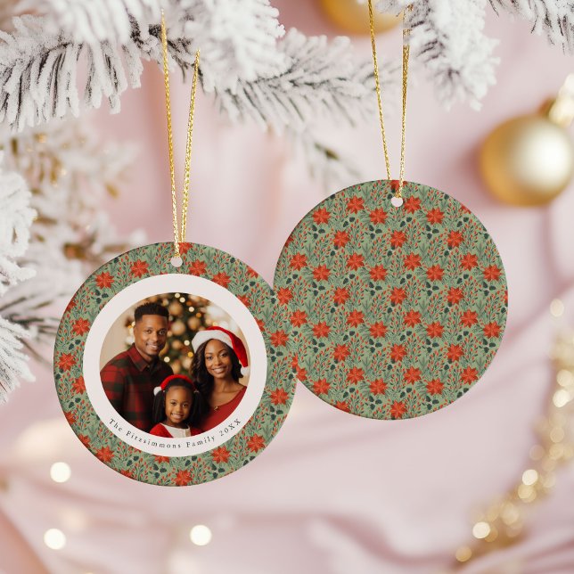 Sage Green Poinsettia 1 Family Photo Christmas Julgransprydnad Keramik (Poinsettia Season 1 Sided Photo Christmas Ornament sage green)