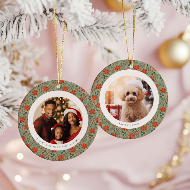 Sage Green Poinsettia 2 Family Photos Christmas Julgransprydnad Keramik (Poinsettia Season 2 Photo Christmas Ornament sage green)