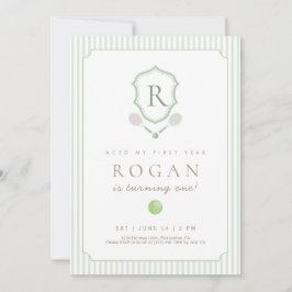 Sage Green Preppy Tennis Crest 1st Birthday invite Tack Kort