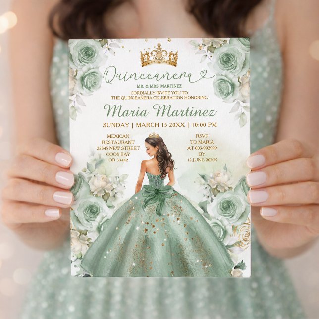 Sage Green Prinsessklänning Blommig Guld Quinceañe Inbjudningar (Skapare uppladdad)