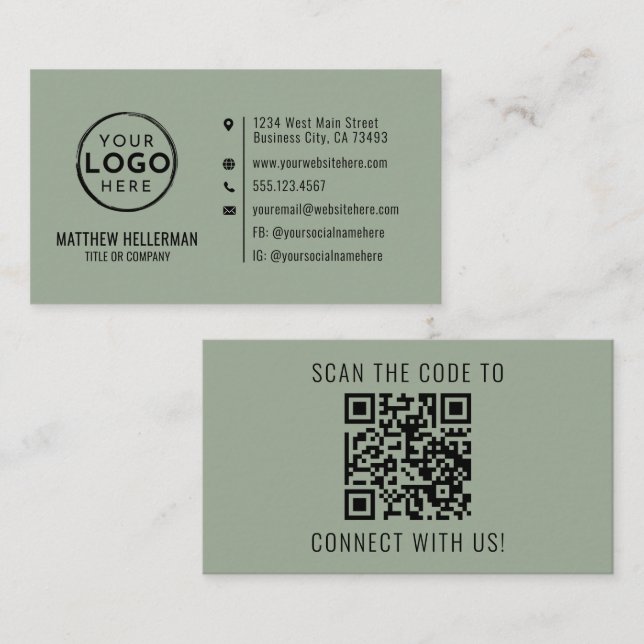 Sage Green Professional Minimalist QR Code Logo Visitkort (Fram/baksida)