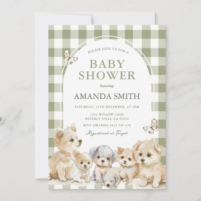 Sage Green Puppy Dog Boy Baby Shower  Inbjudningar (Framsida)