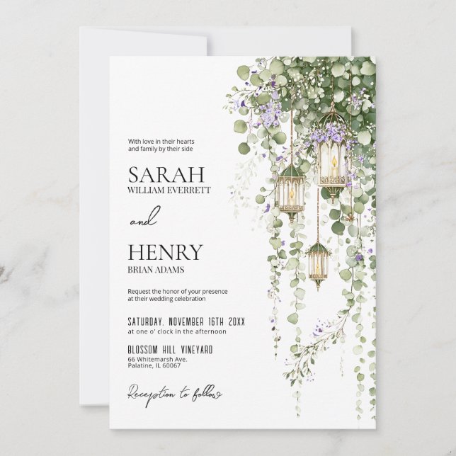 Sage Green Purple Floral Lantern Wedding Inbjudningar (Framsida)