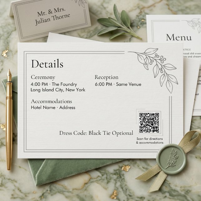Sage Green QR-kod Bröllopsdetaljer Bifogad Tilläggskort (Sage Green QR Code Wedding Details Enclosure Card)