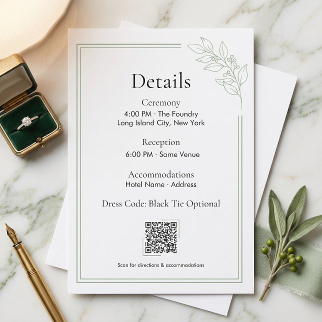 Sage Green QR-kod Bröllopsdetaljer Bifogad Tilläggskort (Sage Green QR Code Wedding Details Enclosure Card)
