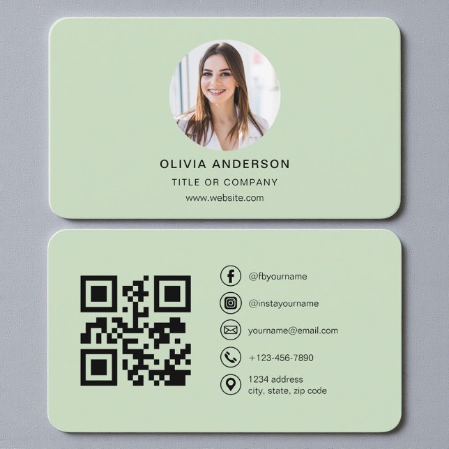 Sage Green QR-kod Foto Visitkort (Skapare uppladdad)